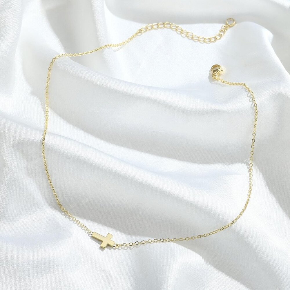 Trendy Gold Cross Necklace for Women - Hypoallergenic Sideway Choker Style - Picture 7 of 7